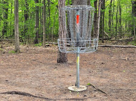 Empty metal disc golf cage in a green springtime woods