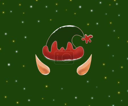 Photo for Little Santa Claus helper Christmas elf ears and hat on green starry background illustration - Royalty Free Image