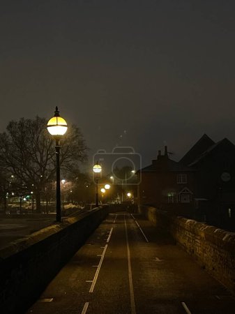 Téléchargez les photos : Night view of an old bridge with street lamps glowing in the dark - en image libre de droit