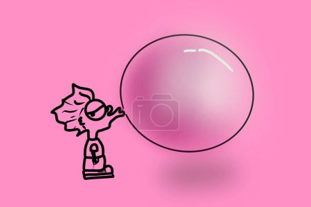 Téléchargez les photos : Ligne noire illustration doodle de garçon de bande dessinée soufflant chewing-gum bulle avec copyspace - en image libre de droit