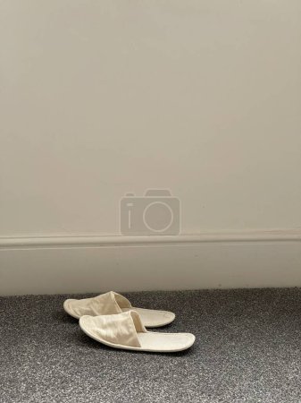 Foto de Zapatillas de algodón sostenibles en alfombra gris contra pared blanca - Imagen libre de derechos