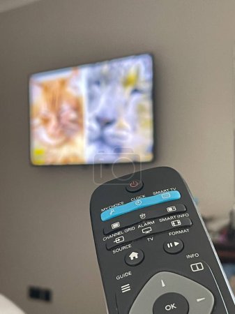Foto de Recortado primer plano de la televisión de control remoto, televisión borrosa en el backgrund - Imagen libre de derechos