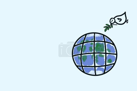 Foto de Paloma blanca trayendo rama de paz olivo a globo tierra ilustración dibujada a mano - Imagen libre de derechos