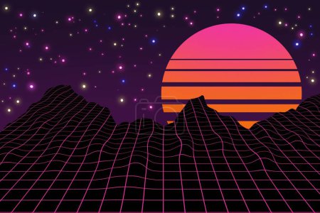 Téléchargez les photos : Coucher de soleil néon à ondes synthés des années 80 avec grille rose sur l'illustration des montagnes - en image libre de droit