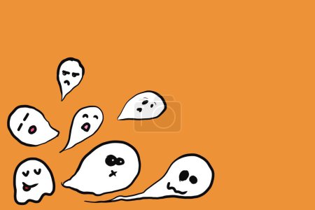 Téléchargez les photos : Mignons fantômes halloween dessinés à la main sur fond orange - en image libre de droit