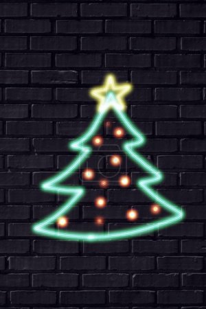 Photo for Christmas tree neon sign on black wall illustration - Royalty Free Image
