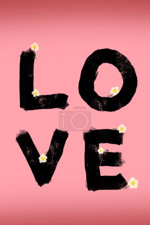Téléchargez les photos : Mot d'amour dessiné à la main carte de Saint Valentin avec de petites fleurs de marguerite mignon - en image libre de droit