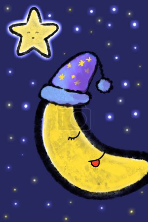 Photo for Adorable sleeping moon in a night cap and a cute little star in night sky illustration - Royalty Free Image