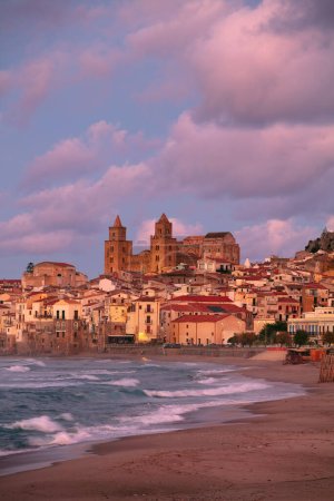 Photo for Cefalu, Sicily, Italy. Cityscape image if coastal town Cefalu in Sicily at dramatic sunset. - Royalty Free Image