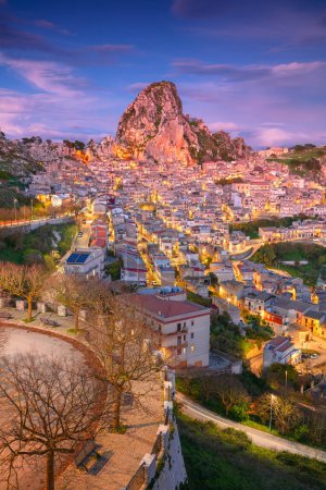 Photo for Caltabellotta, Sicily, Italy. Aerial cityscape image if historic town Caltabellotta in Sicily at dramatic sunset. - Royalty Free Image