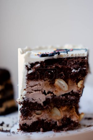 hermoso pastel de chocolate con cacahuetes y mantequilla tierna cremosa primer plano. dulce pastel de bento delicioso. pedazo de pastel sobre un fondo blanco