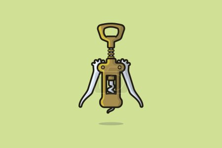 Ilustración de Green Metal Corkscrew for opening wine bottles, with levers and gears vector illustration. Bar working tools element icon concept. Metal Corkscrew vector design on light green background with shadow. - Imagen libre de derechos