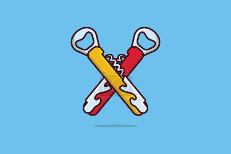 Illustration for Bottle opener vector illustration. Shop objects icon concept. Two corkscrew in cross style vector design on blue background with shadow. - Royalty Free Image
