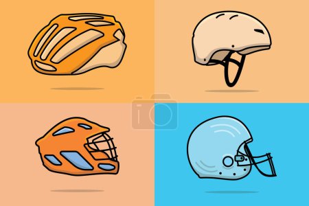 Illustration for Set of Sport Safety Helmet equipment vector illustration. People head safety object icon concept. Collection of Motorbike Helmet, American Football, Cycling Helmet, Hockey Helmet vector design. - Royalty Free Image