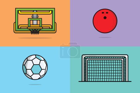 Téléchargez les illustrations : Goal Net, Soccer Ball, Basket Ball Hoop or Ring and Bowling Ball collection vector illustration. Sports objects element icon concept. Set of round ball sports game vector design with ... See More - en licence libre de droit