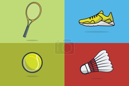 Téléchargez les illustrations : Badminton and Tennis Ball sports game collection vector illustration. Sports objects icon concept. Badminton, Tennis Ball, Shoe and Racket sports icon ... See More - en licence libre de droit