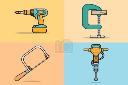 Illustration for Collection of Construction and Carpenter working tools vector illustration. Drill, Electric Jackhammer, Clamp Compression, Coping Saw working elements logo design. Hand tools for repair, building. - Royalty Free Image