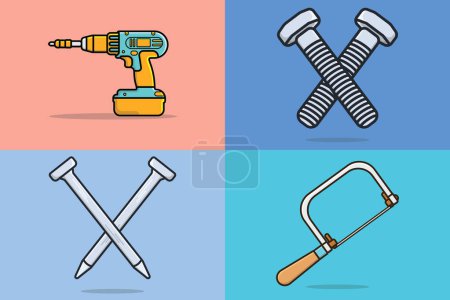 Illustration for Set of Construction and Carpenter working equipment vector illustration. Drill, Metallic Nail, Structural bolt and Coping Saw working tools vector design. Build and repair industrial symbols design. - Royalty Free Image