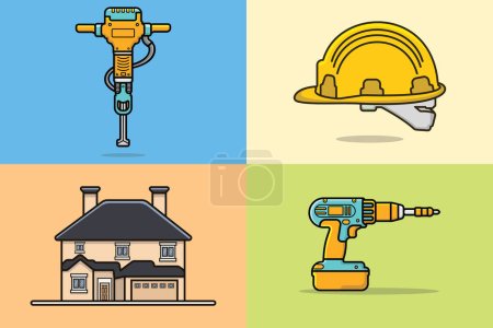 Set of Building Construction equipment vector icon illustration. Construction and Working tools element icon concept. Building, Drill, Electric Jackhammer and Builder Safety Helmet vector icon design.