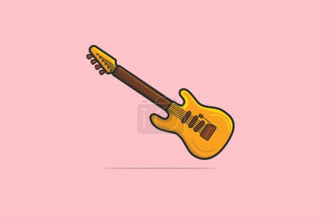 Illustration for Guitar Music cartoon vector illustration. Musical instrument icon concept. Classical wooden yellow guitar. String plucked musical instrument vector design with shadow on pink background. - Royalty Free Image