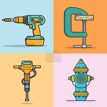 Illustration for Collection of Construction, Carpenter Working and Safety Tools vector illustration. Drill, Electric Jackhammer, Fire Water Hydrant and Clamp Compression working elements vector design. - Royalty Free Image