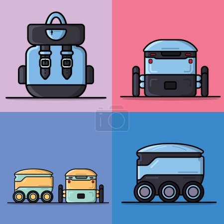Illustration for Collection of Modern Robot Delivery and School Bag vector illustration. Education and Technology object icon concept. Food safe and good delivered by robot machine vector design. - Royalty Free Image