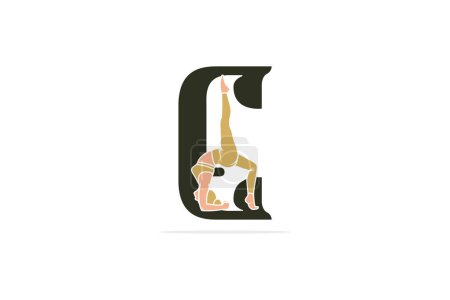 Téléchargez les illustrations : Yoga sportif femmes dans la lettre E vecteur design. Alphabet lettre icône concept. Sports jeunes femmes faisant des exercices de yoga avec la lettre E logo design. - en licence libre de droit