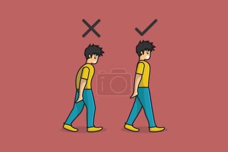Illustration for Wrong and Correct Positions For Walk vector illustration. People healthcare icon concept. Movement animation of the character vector design. - Royalty Free Image