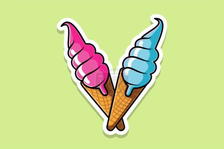 Illustration for Summer Melting Ice Cream Cones Sticker vector illustration. Summer food and ice cream object icon concept. Ice cream cones sticker design icon logo with shadow. - Royalty Free Image