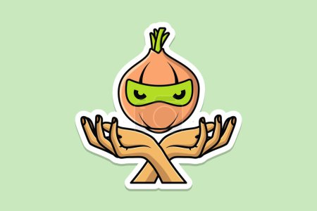 Illustration for Onion Ninja with Hands Sticker vector illustration. Food nature icon concept. Onion ninja cartoon character sticker design. Creative ninja onion and hands logo design. - Royalty Free Image
