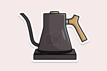 Beautiful Grey Tea Kettle sticker design vector illustration. Kitchen interior object icon concept. Morning Tea Teapot with closed lid sticker design on blue background.