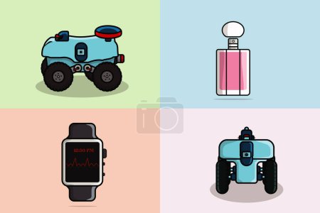 collection of watche, toy cars, and perfume vector design.