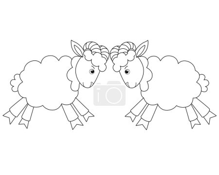 Téléchargez les illustrations : Rams butt heads, run towards each other to meet - a vector linear picture for coloring. Outline. Sheep fighting each other - picture for children's coloring book - en licence libre de droit