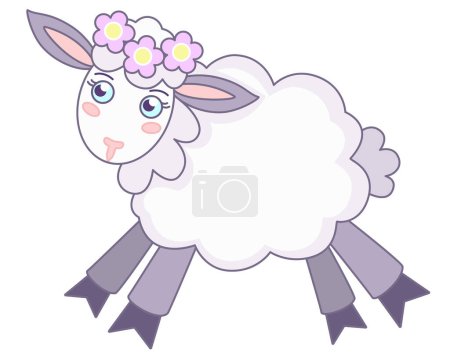 Foto de Cute little sheep running - vector full color picture. A lamb with a wreath on its head runs. Sheep in soft pastel colors - Imagen libre de derechos