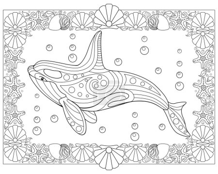 Ilustración de Libro para colorear antiestrés con ballena asesina y marco de conchas - imagen lineal vectorial para colorear. Esquema. Dibujo para colorear con mamíferos marinos orca. - Imagen libre de derechos