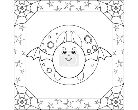 Foto de Lindo murciélago en el fondo de la luna llena en un marco cuadrado con una tela y estrellas - una imagen lineal vectorial para colorear. Esquema. Libro para colorear de Halloween para niños con un murciélago divertido. - Imagen libre de derechos