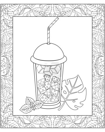 Foto de Un vaso con un cóctel de verano con hielo, trozos de sandía, menta y hojas tropicales: una imagen lineal vectorial en un marco para colorear. Esquema. Un vaso con tapa y una pajita para beber. Cóctel de verano para colorear - Imagen libre de derechos