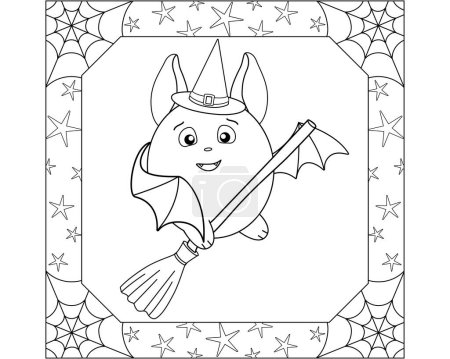 A cute bat in a witch's hat on a broom in a square frame with cobwebs and stars - a vector linear picture for coloring. Outline. Halloween coloring book for kids with a funny bat.