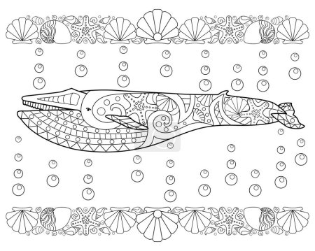 Téléchargez les illustrations : Antistress baleine bleue avec bordures de coquille - image vectorielle linéaire pour la coloration. Les grandes lignes. Coloriage avec des mammifères marins baleine avec des zentangles. - en licence libre de droit