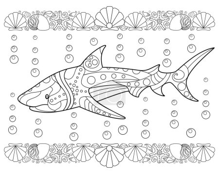 Téléchargez les illustrations : Antistress requin avec bordures de coquille - image vectorielle linéaire pour la coloration. Les grandes lignes. Livre à colorier avec des poissons requins avec des zentangles pour livre à colorier. - en licence libre de droit