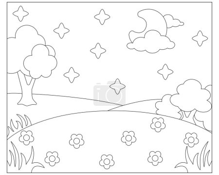 Paisaje nocturno de verano, prado floreciente - imagen lineal vectorial para colorear. Esquema. El paisaje para el libro infantil para colorear con el árbol, el arbusto, las estrellas y la luna en las nubes