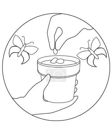 Illustration for Planting seeds in a flower pot icon on the theme of gardening with planting - vector linear picture for coloring. Outline. Hands in gloves plant a plant - Royalty Free Image