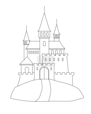 Château médiéval, forteresse sur une colline - image vectorielle linéaire pour la coloration. Les grandes lignes. Château fantastique avec tours, murs de forteresse et meurtrières pour un livre à colorier