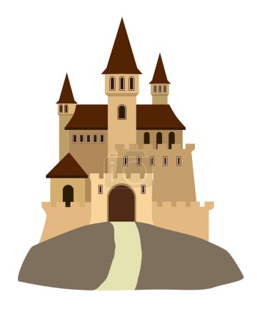 Medieval castle, fortress on a hill - vector full-color picture. Fantasy Castle with towers, fortress walls and loopholes.