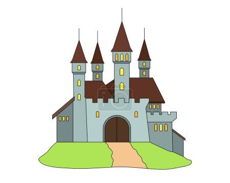 Castillo medieval con cuatro torres, una fortaleza en una colina - vector de imagen a todo color. Fantasía Castillo con torres, muros de fortaleza y escapatorias y ventanas.