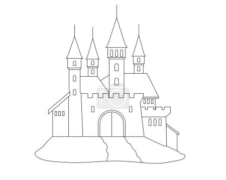 Castillo medieval con cuatro torres, fortaleza en una colina - imagen lineal vectorial para colorear. Esquema. Fantasía Castillo con torres, murallas de fortaleza y lagunas y ventanas. para un libro para colorear