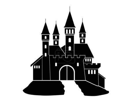 Mittelalterliche Burg, Festung auf einem Hügel - Vektorsilhouettenbild für Schablone. Silhouette eines Fantasieschlosses mit Türmen, Festungsmauern und Schlupflöchern.