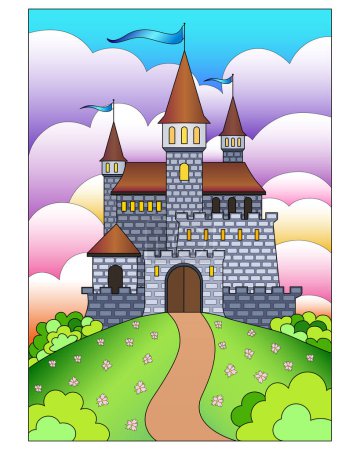Castillo medieval, fortaleza en una colina sobre un fondo de nubes multicolores - vector de imagen a todo color. Fantasía Castillo con torres, muros de fortaleza y escapatorias y ventanas.