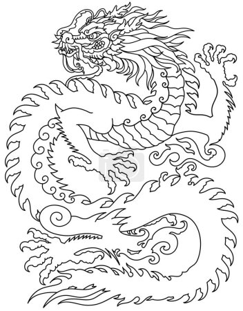Ilustración de Silueta de dragón chino. Criatura mitológica tradicional de Asia Oriental. Tattoo.Celestial feng shui animal. Vista lateral. Ilustración gráfica del vector lineal - Imagen libre de derechos