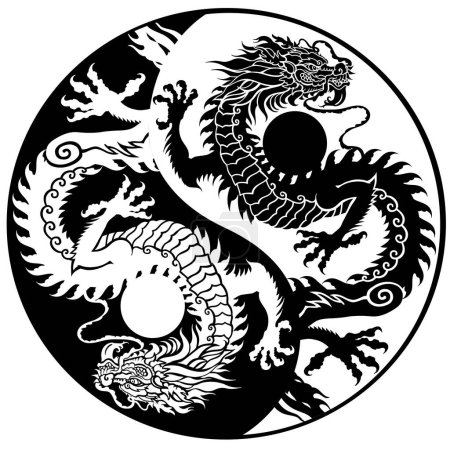 siluetas de dragón blanco y negro en el símbolo yin yang. Criatura mitológica tradicional de Asia Oriental. Tattoo.Celestial feng shui animal. Vista lateral. Ilustración vectorial estilo gráfico
